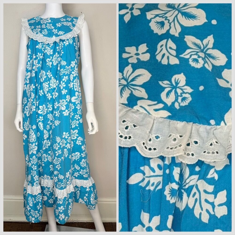 Vintage 1970s Blue Floral Hawaiian Maxi Dress with Eyelet Trim, Size Medium